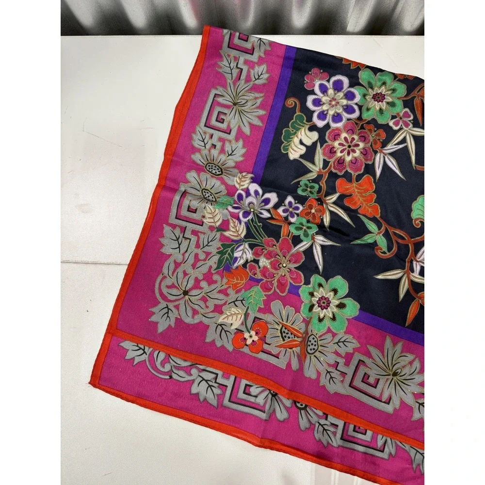 VTG Oscar de La Renta Silk Scarf Floral Pink Fuchsia Navy Blue Square 35